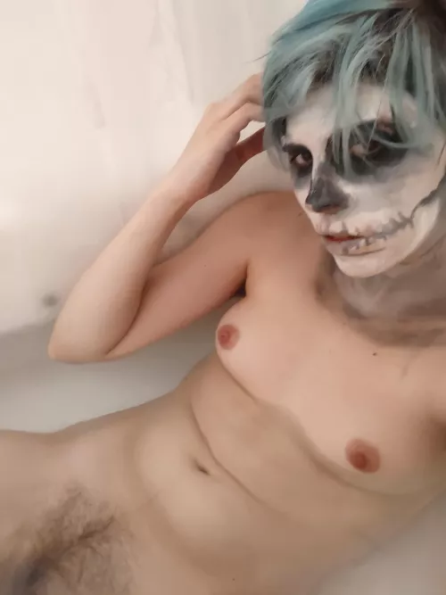 Skelly boy soaking in the bath