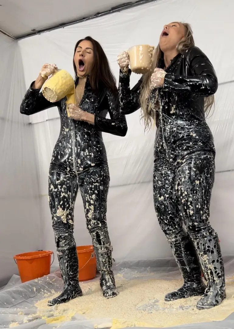 Slowly filling our PVC catsuits with porridge, custard and rice pudding xx