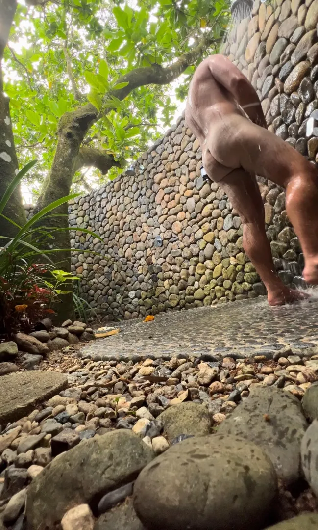 Soaking up in the outdoor shower 