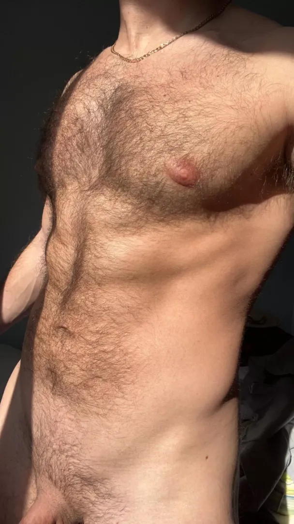 Sucks my nipples and rub my furry muscles
