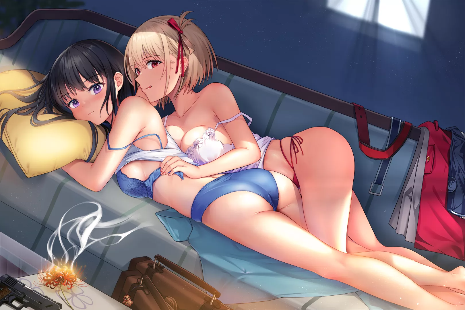 Takina and Chisato after a long day at work (by 神前夏)[Lycoris Recoil]