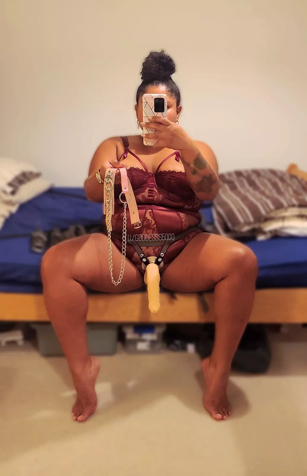 The bed restraints are setup, ankle & wrist restraints set aside, strapon ready to abuse your holes, and a tight fitting collar with leash...all that's missing is you, slut! Let's just say this thick Blasian Goddess doesn't like to hold back...
