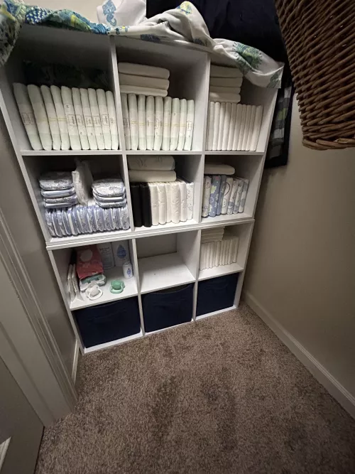The diaper shelf is complete!!☺️☺️☺️🙈🙈