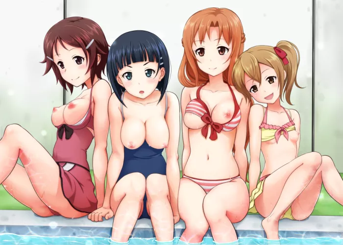 The girls showing off their boobs at the pool