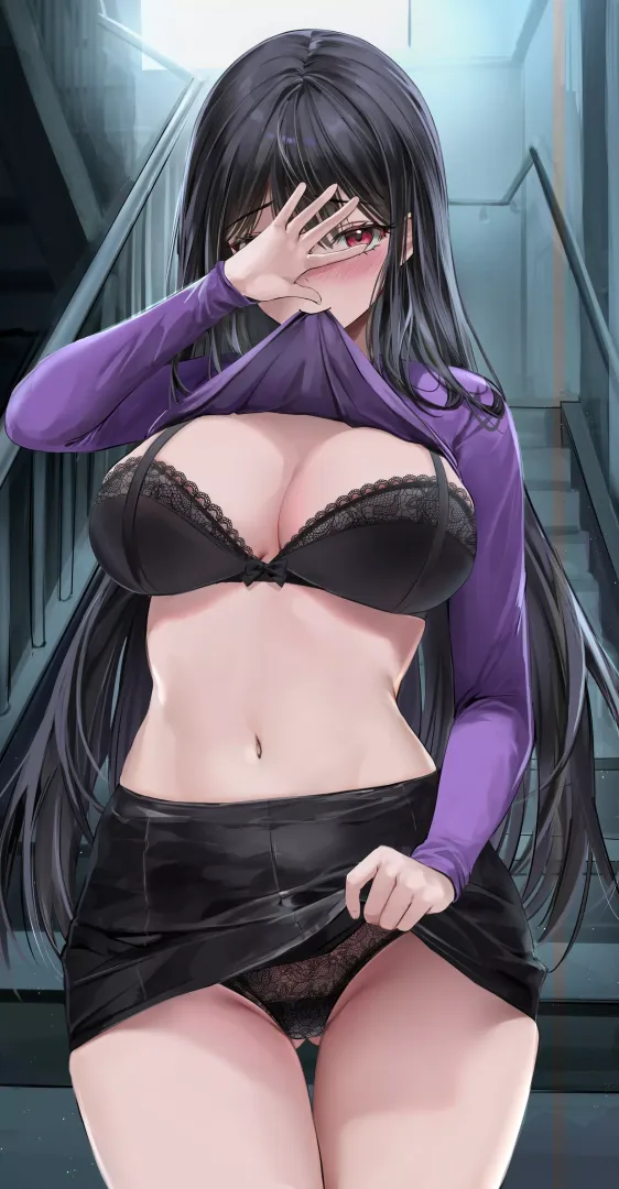 Tugging her Shirt Up