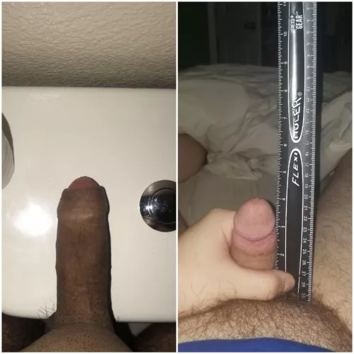 u/vmennn won in our compare with his bigger brown 4.5 in cock against my small white 3.9 in cock