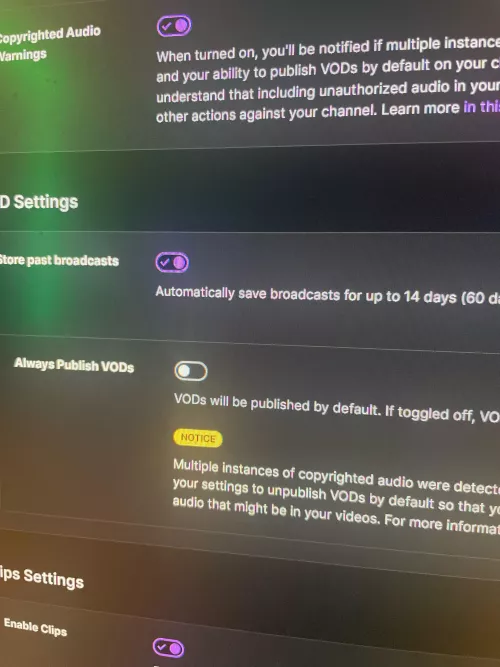 Vod question: I played music in my stream should I delete the VOD? Also does that unflicked option do????