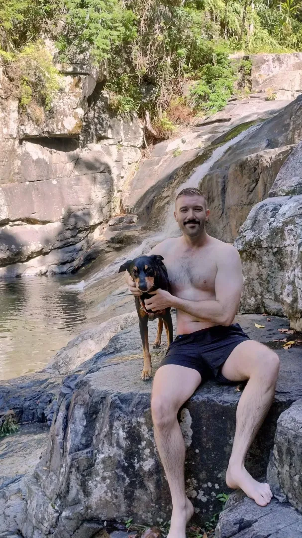 Waterfall and a dog