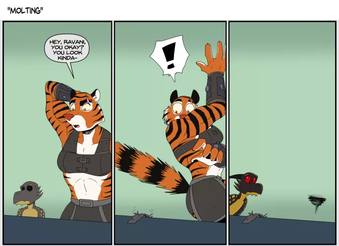 When your best friend is a kobold you have to expect some discarded skins every so often...Just a silly little comic with my Tabaxi barbarian, Nails, and her best friend Ravani that popped in my head.