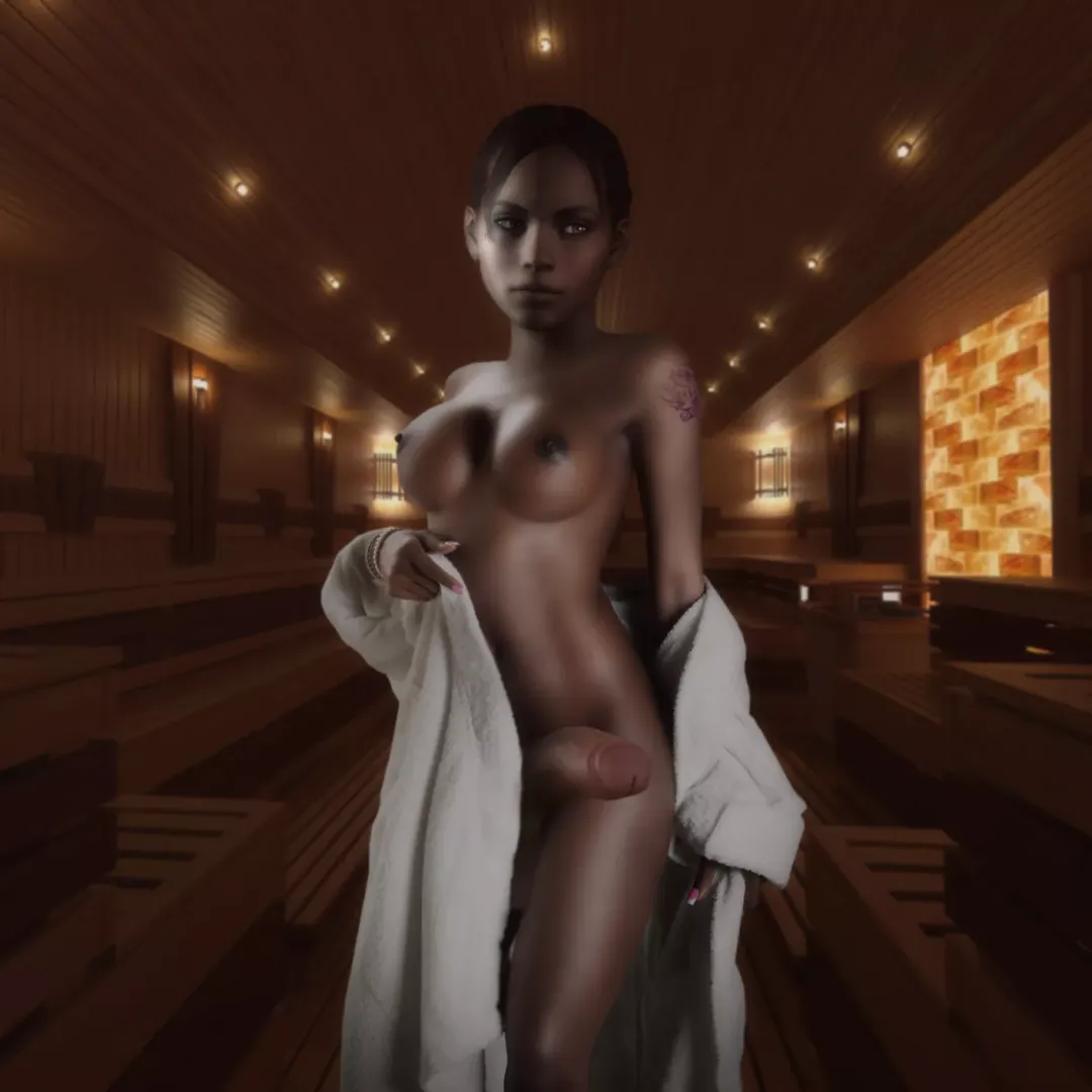 While undressing in the sauna, Sheva's semi erect staff of penetration +5 swings out.