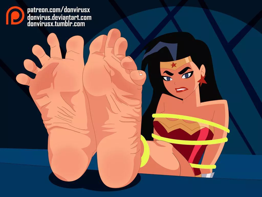 Wonder Woman tied up with her own lasso shows her pretty Amazonian feet (donvirus) [Justice League]