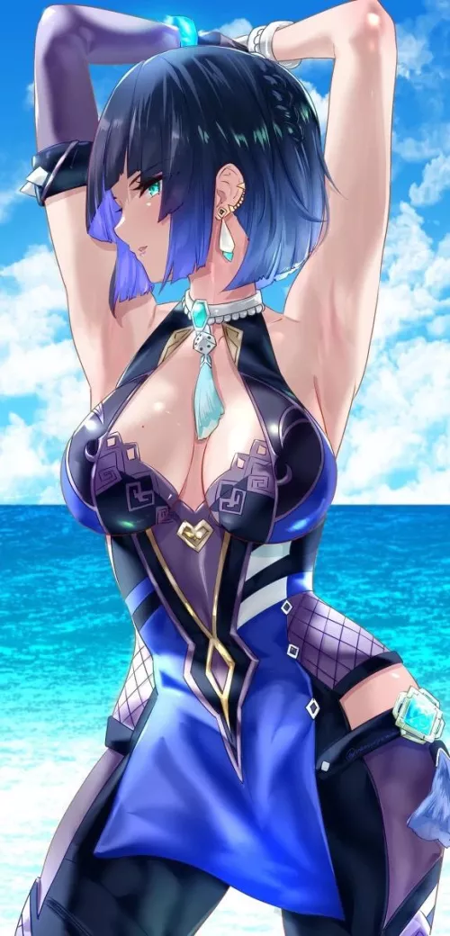 Yelan posing in a bodysuit (Genshin Impact)