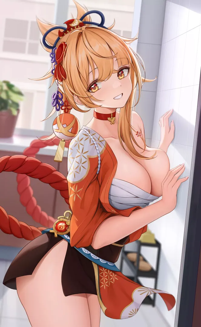 Yoimiya against a wall