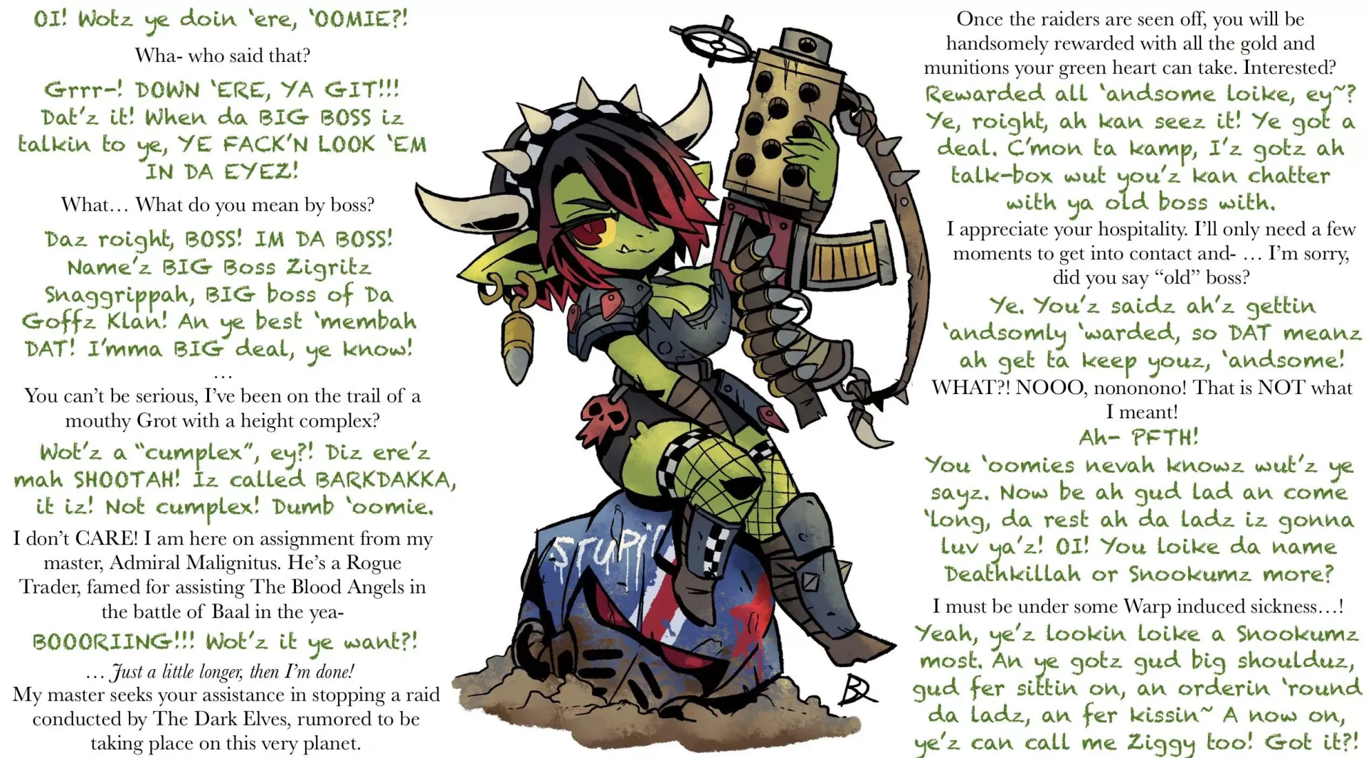 You have been sent to do negotiations with a klan of Goffs. Emperor protects. [shortstack] [Greenskin/Grot/Goblin/Ork] [Warhammer] [U Wot Mate] Made with the help of u/MtG-Ti art by [Kabooski01](https://twitter.com/Kabooski01?ref_src=twsrc%5Egoogle%7Ctwc