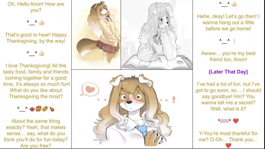You tell your good friend (who you’re secretly crushing on) something nice! [Wholesome] [Thanksgiving Special] [No Sex] [Kinda Confession] [Good Friends] {Artist: Kikurage}