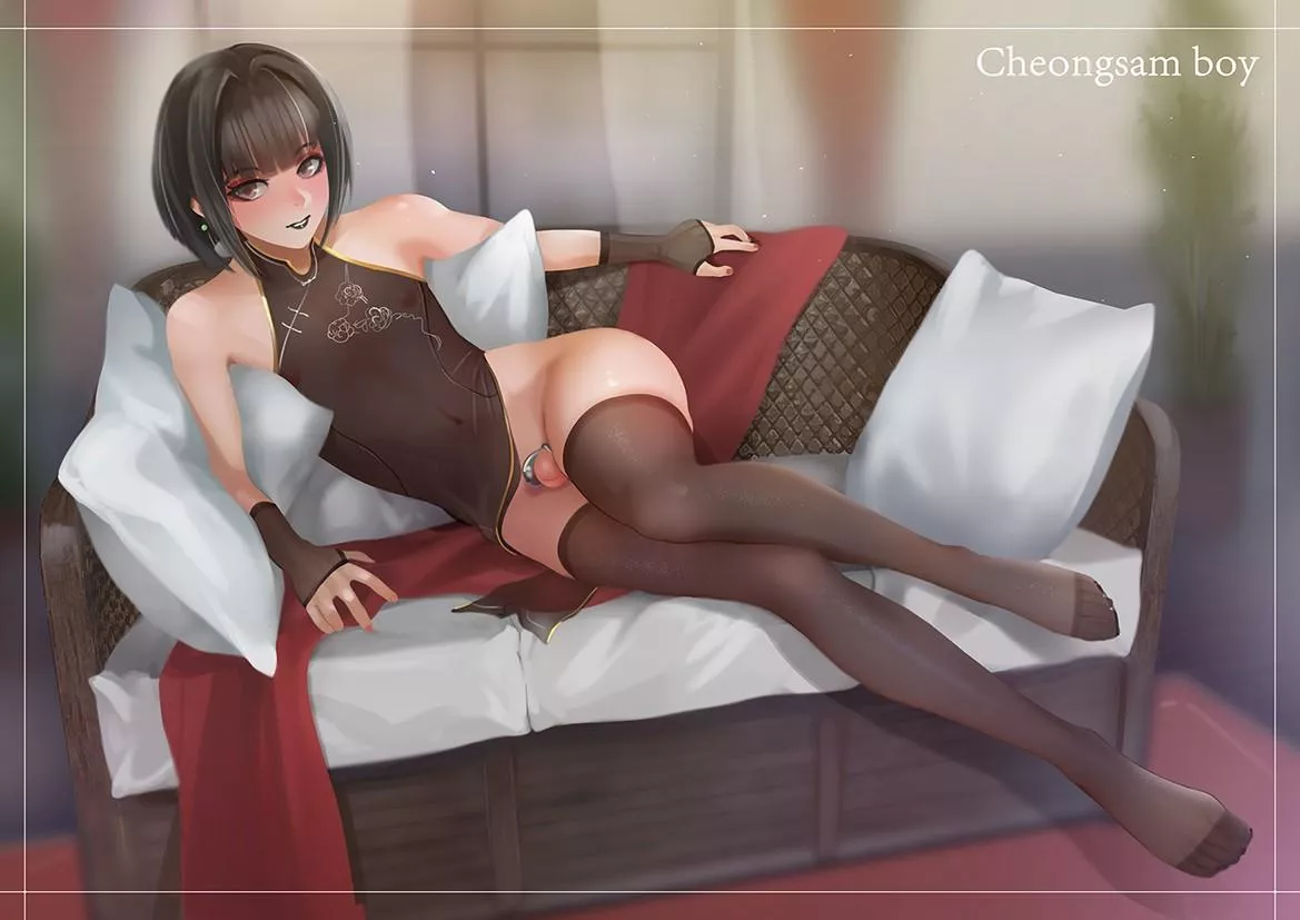 You were always a fan of seeing Chinese girls in traditional dress, but you never would have guessed your slim frame would work so well in the dress. Well, when your Chinese classmate found you wearing her dress in the locker room, she quickly blackmaile