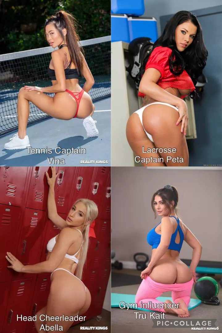 You’re the captain of the football team and run into the hottest female athlete in school. She wants you to workout with her and if you can keep up, she’ll give you a reward. Pick the babe. [Vina][Peta][Abella][Tru Kait]