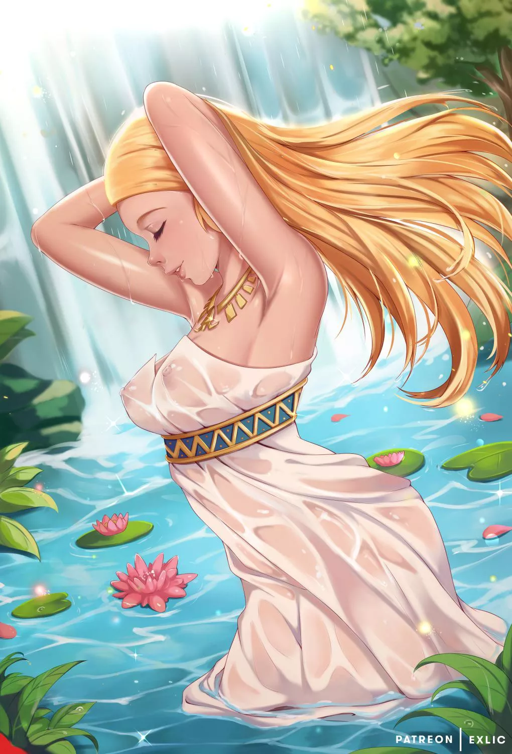 Zelda cooling off in a waterfall! (ExLic)
